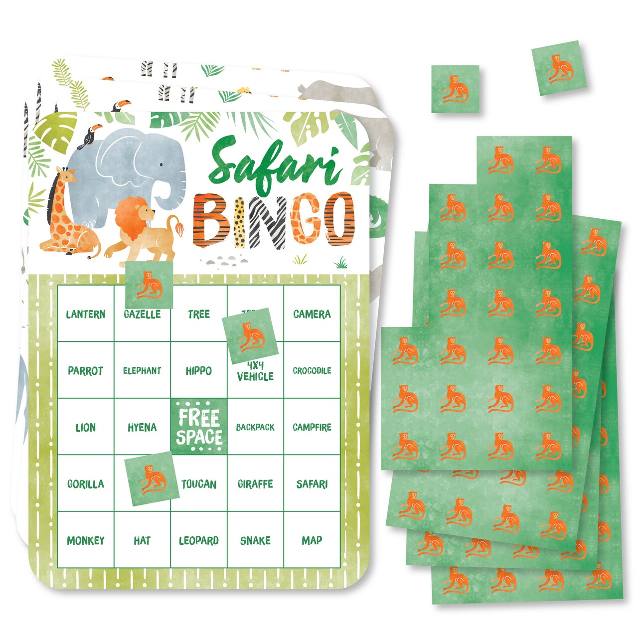 Big Dot of Happiness Safari Animals Bingo Cards and Markers, Jungle Birthday Party or Baby Shower Activity, Safari-Themed Party Bingo Game - Set of 18